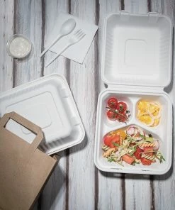 Deals 🎉 Fiesta Compostable Bagasse Hinged 3-Compartment Food Containers 201mm (Pack Of 200) 😍 -Cleaning & Janitorial Supplies Shop 1381690
